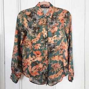 Zara Green and Peach Floral Button-Down Blouse